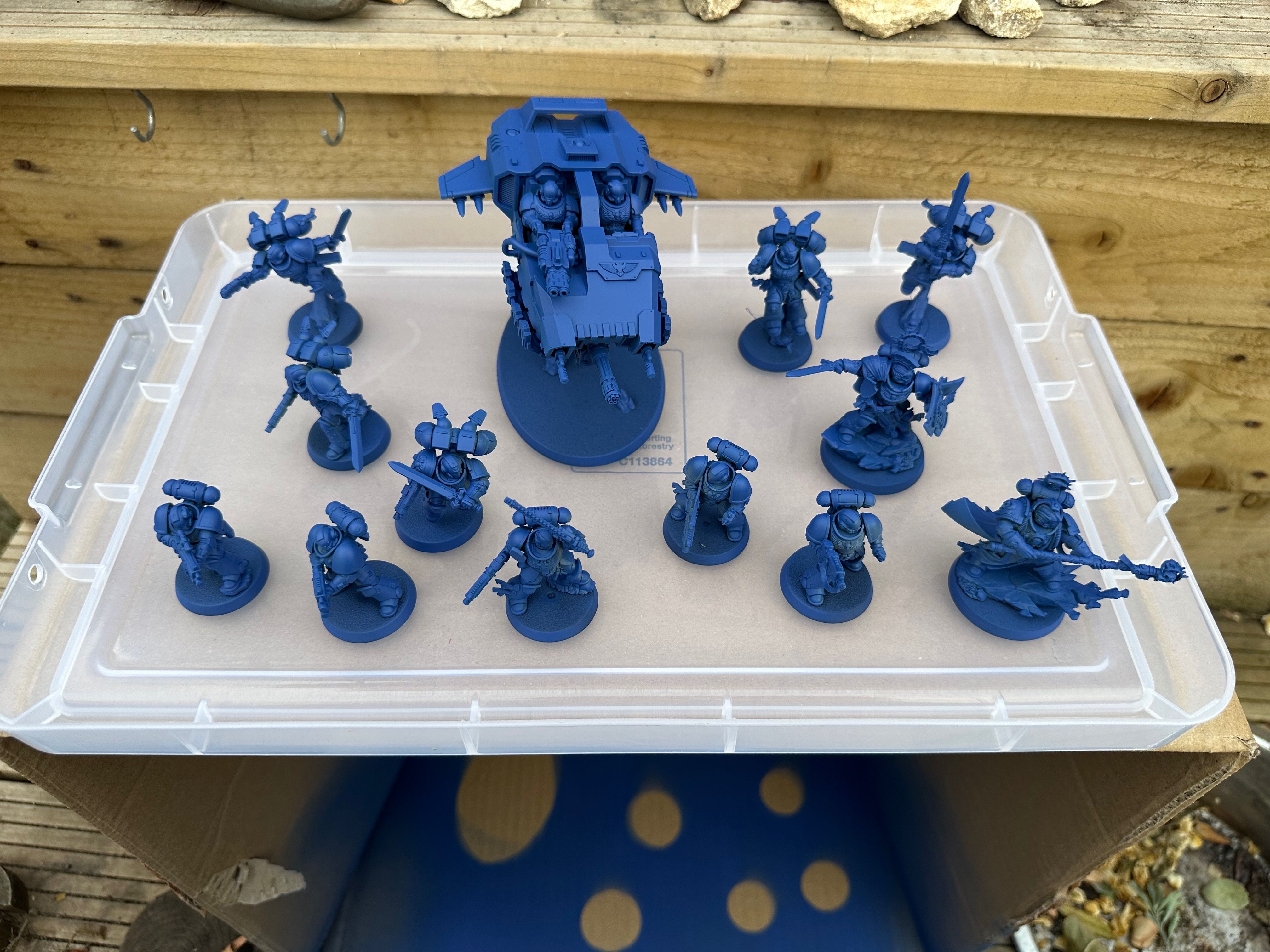 The Starter Set Space Marines and their gunship, sprayed blue, lined up on the lid of a storage box in the garden sun to dry.