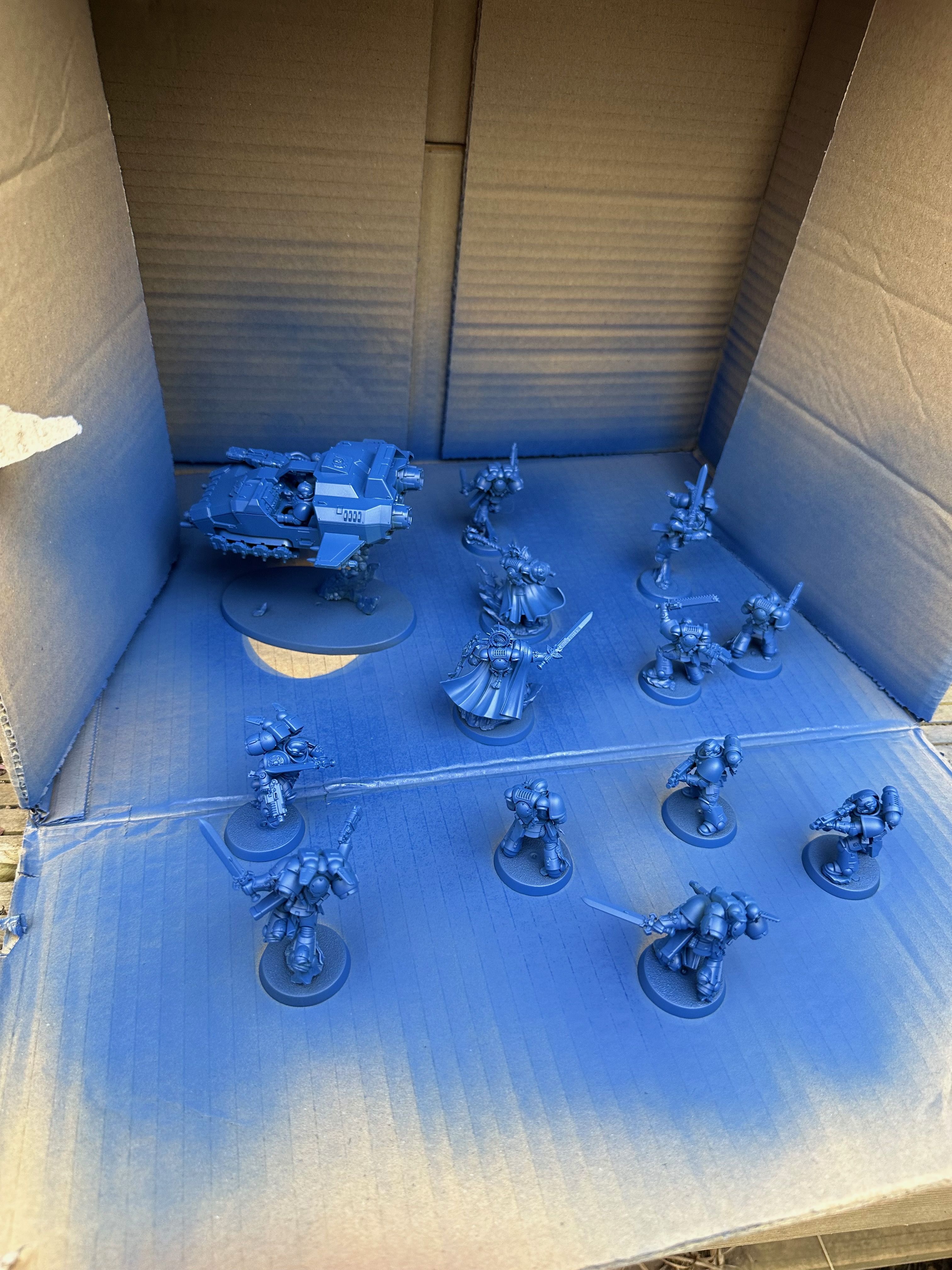 The same Space Marines minutes after spraying, still in the cardboard spray box, models and cardboard alike a uniform blue.